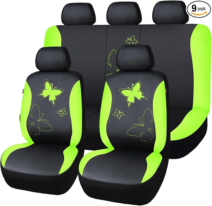 Flying Banner Butterfly car seat Covers ful Set Fashion Universal Lady Woman Female Rear Bench Split Colorized (Full Set - Faux Leather, Fluorescent Green)