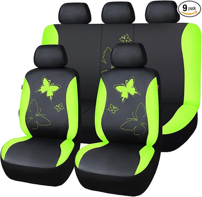 Flying Banner Butterfly car seat Covers ful Set Fashion Universal Lady Woman Female Rear Bench Split Colorized (Full Set - Faux Leather, Fluorescent Green)