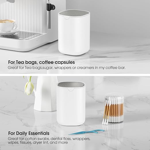 CEROELDA Mini Desktop Trash Can with Swing-Top Lid, 0.4 Gal/1.5L Tabletop Trash Can, Small Wastebasket for Bathroom Countertop, Vanitie, Coffee Area, or Office (White)