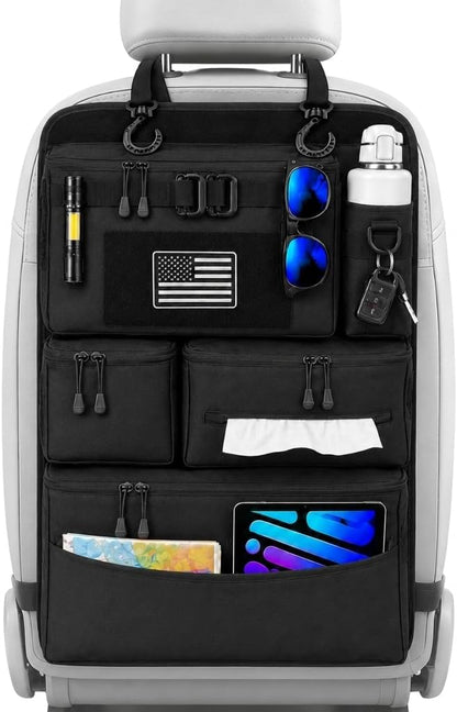 Backseat Car Organizer, Heavy Duty Tactical MOLLE Car Seat Back Organizer with 6 Pockets, 2 Sturdy Hooks, 2 D-Ring Clips, US Flag Patch & Hook Loop Panel, Universal Fit for Car SUV Truck Jeep Ford