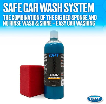 Optimum No Rinse Version 5 (32 Oz) and Big Red Sponge (BRS) Car Cleaning Kit, ONR Rinseless Car Wash and Wash Sponge for Washing and Auto Detailing