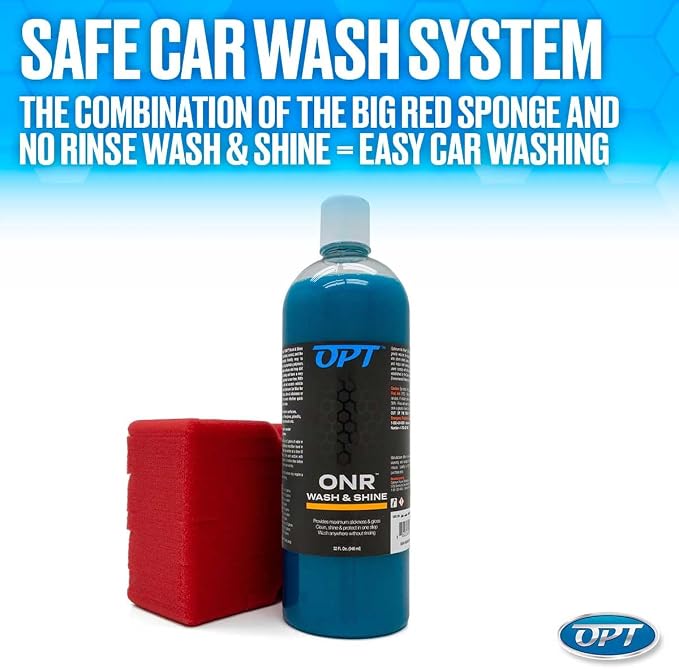 Optimum No Rinse Version 5 (32 Oz), Microfiber Drying Towel, and Big Red Sponge (BRS) Car Cleaning Kit, ONR Rinseless Car Wash, Drying Towel, and Wash Sponge for Washing and Auto Detailing