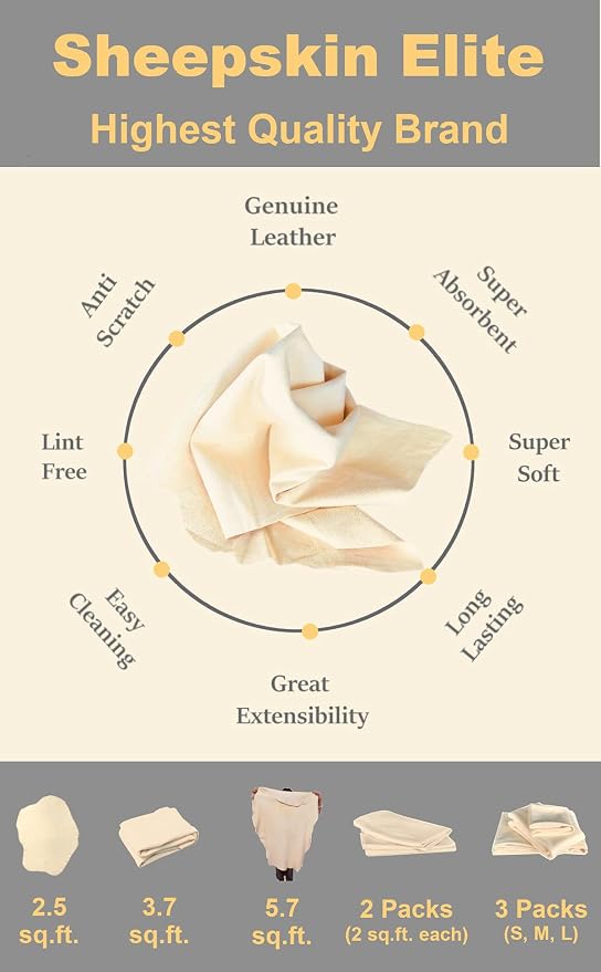 SHEEPSKIN ELITE Chamois Drying Cloth Car Drying Towel Real Leather Super Absorbent Fast Drying Natural Chamois Car Wash Cloth Accessory (2.5 sq. ft.)
