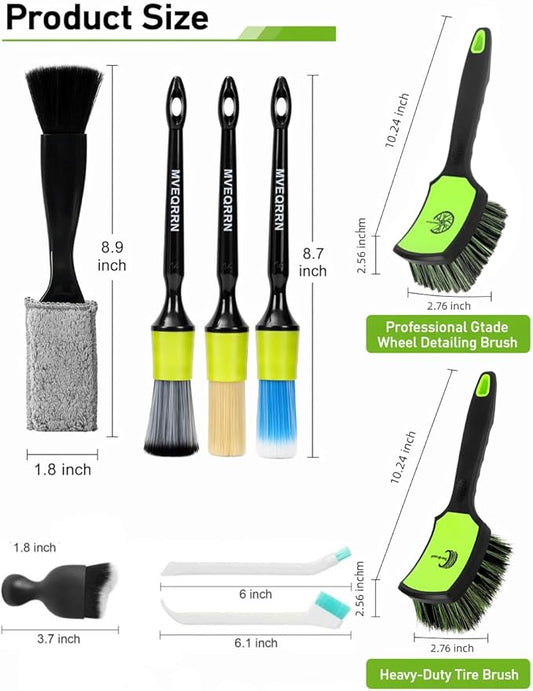 MVEQRRN 9PCS Car Detailing Brush Set, Boar Hair Detailing Brushes,Car Detailing Wheel Kit (Green) | Soft & Stiff Bristles Auto Detailing Brush,Wheel & Tire Brush,Interior & Exterior Car Brush,Car Wash Kit for Cars,Trucks,SUVs