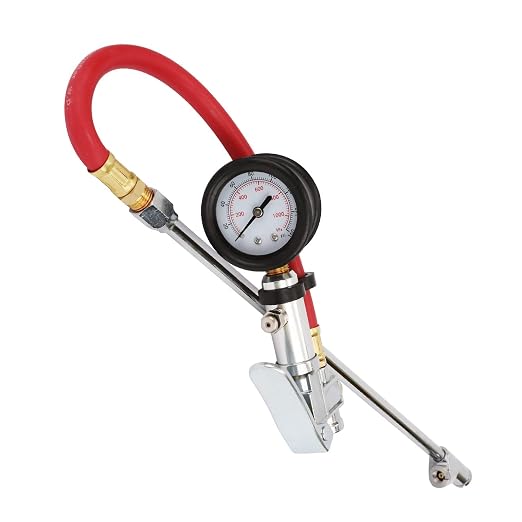 Tire Inflator with Tire Pressure Gauge, Extended Straight-on Air Chuck with 12 Inch Rubber Air Hose
