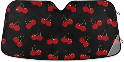 Red Cherry Black Car Windshield Sun Shade Foldable UV Ray Sun Visor Protector Sunshade to Keep Your Vehicle Cool (55" x 27.6")