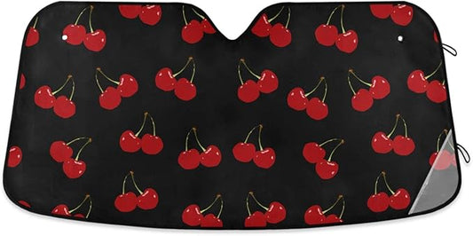 Red Cherry Black Car Windshield Sun Shade Foldable UV Ray Sun Visor Protector Sunshade to Keep Your Vehicle Cool (55" x 27.6")