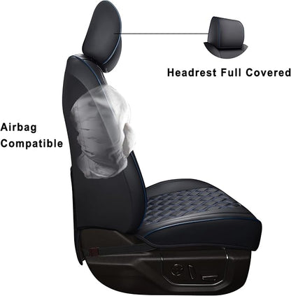Huidasource Car Seat Covers for Dodge Ram, Full Coverage Waterproof Leather Pickup Truck Seat Cushion Protector Fit for 2009-2018 1500, 2010-2025 2500/3500 Crew Mega Cab(Full Set/Black&Blue)