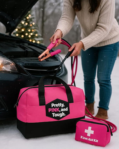 Pretty Pink Roadside Kit - Pink Emergency Kit for Teen Girls and Women - Car Accessories for Women - Durable Carry Bag with Long Jumper Cables, First Aid Kit, Emergency Tools, 5 Year Warranty