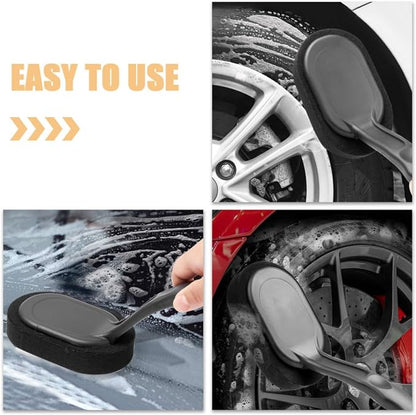 SHOWERORO Car Tire Brush Cleaning Kit with Handle and Sponge for Easy Cleaning and Applying Tire Shine, for Car Wheels and Detailing