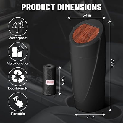 Car Trash Bin with Lid-2 Pack Car Garbage Can Cup Holder-Mini Leakproof Vehicle Garbage Can Bin with 40pcs Trash Bags-Automotive Organizers and Storage for Front Back Seat Accessories(Wood Grain Lid)