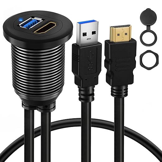USB 3.0 HDMI Car Mount Flush USB Port Cable, Alloy Shell HDMI USB3.0 Dash Panel Extension Cable with LED Indicator for Car Boat Motorcycle -3ft