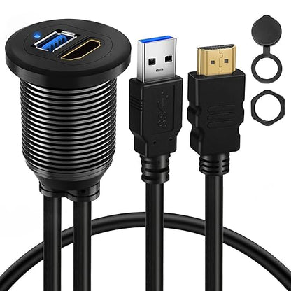 USB 3.0 HDMI Car Mount Flush USB Port Cable, Alloy Shell HDMI USB3.0 Dash Panel Extension Cable with LED Indicator for Car Boat Motorcycle -3ft