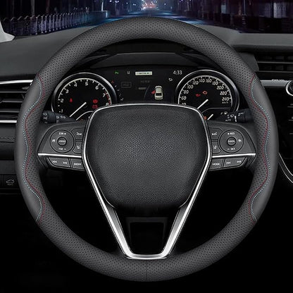 LKWLIKEI Nappa Premium Leather car Steering Wheel Cover, Non-Slip, Breathable, Universal 15 inches,Black and red Blue line
