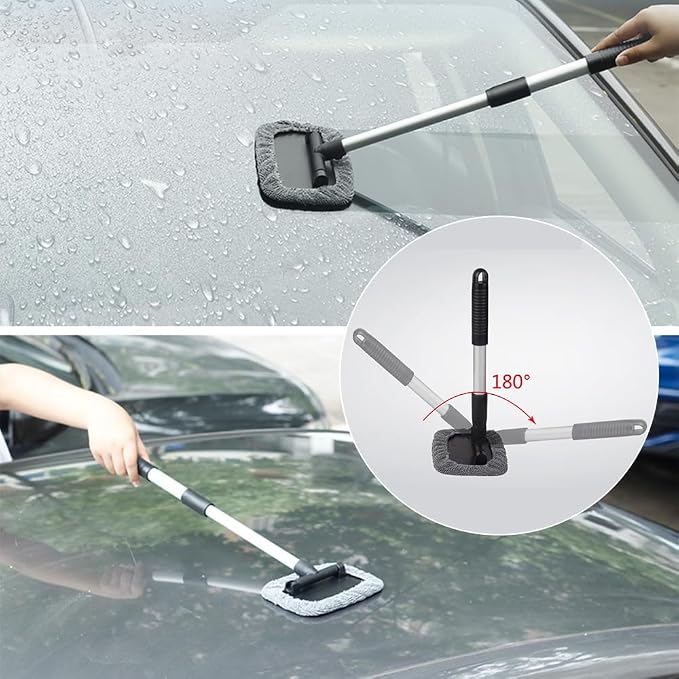 Windshield Window Cleaner Tool, Windshied Car Window Cleaner with Extendable Handle, Car Glass Cleaning Brush with Reusable Microfiber Pads(1 Set)