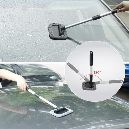 Windshield Window Cleaner Tool, Windshied Car Window Cleaner with Extendable Handle, Car Glass Cleaning Brush with Reusable Microfiber Pads(1 Set)
