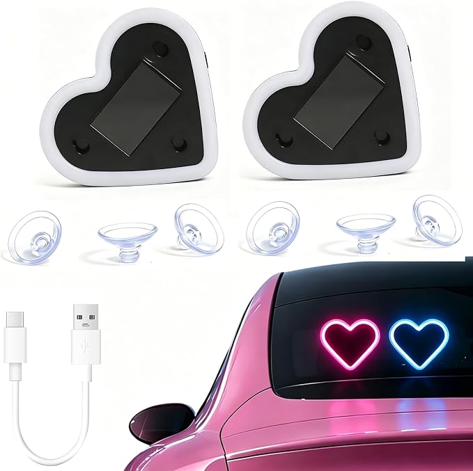 Rechargeable Solar-Powered Wireless Heart LED Light for Car Interior Decorations, with 6 Lighting Modes and Vibration Sensor, Romantic Ambient Gift for Couples/Women/Men, Pink+Blue, 2 Pcs