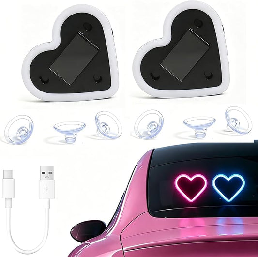 Rechargeable Solar-Powered Wireless Heart LED Light for Car Interior Decorations, with 6 Lighting Modes and Vibration Sensor, Romantic Ambient Gift for Couples/Women/Men, Pink+Blue, 2 Pcs