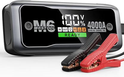 MOSTOOL M6 4000A Jump Starter with Smart HD Display, 12V Portable Jump Box & Car Battery Booster Pack with Quick Charge DC/Type C Port, Jumper Clamps LED Light - for All Gas & Up to 10.0L Diesel