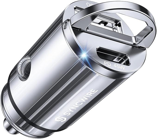 USB C Car Charger Syncwire 90W [PD 45W & QC 45W] USB Car Charger Adapter Fast Charging [Super Mini & All Metal] Compatible with iPhone 15/14 Pro Max Plus 13 12 Samsung S23/S22/21 Note 22, Pixel, iPad