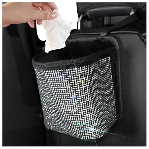 Bling Rhinestones Car Trash Can, Car Seat Back Organizer Trash Bag Auto Garbage Can Hanging Container Waste-Basket - White