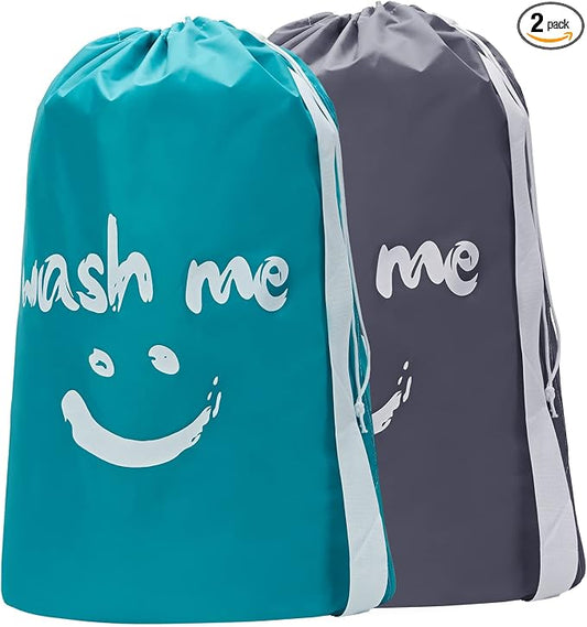 HOMEST 2 Pack XL Wash Me Travel Laundry Bag with Strap, Dirty Garments Organizer, Large Enough to Hold 4 Loads of Clothes, Easy Fit a Hamper or Clothing Basket, Grey and Sky Blue
