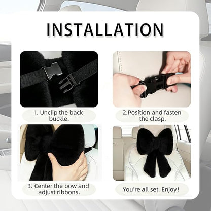 Sexysamba 2 Pcs Plush Bow Car Headrest Neck Pillow Cute Bow Pillow for Car Seat Décor Soft Neck Support for Comfortable Driving Traveling Office Fluffy Head Rest Cushion, Black