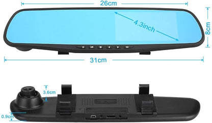 Car DVR Rear View Mirror Video Recroder 4.3" inch Back Up Car Camera Dual Lens Cam Night Vision Front and Rear Backup Reverse Security for Car