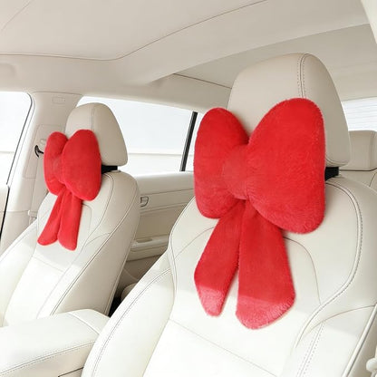 Sexysamba 2 Pcs Plush Bow Car Headrest Neck Pillow Cute Bow Pillow for Car Seat Décor Soft Neck Support for Comfortable Driving Traveling Office Fluffy Head Rest Cushion, Red