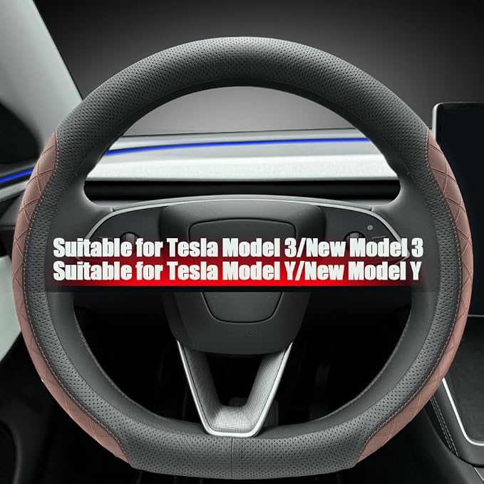 LKWLIKEI Leather Steering Wheel Cover. Elegant Diamond Checkered Design, Non-Slip and Breathable, for Tesla Model 3/Y Steering Wheel Protector,Black Brown