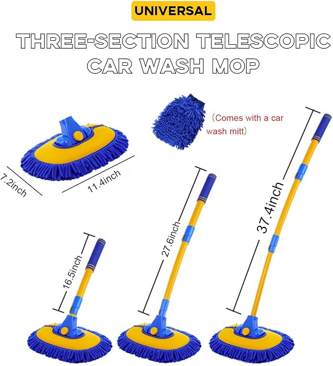 Car Wash Brush Kit, 40" Auto Wash Mop with 15° Curved Extendable Long Handle, Soft Scratch-Free Car Cleaning Mop Mitt to Clean Your Car Shine Like New, Car Accessories (Blue+Blue)