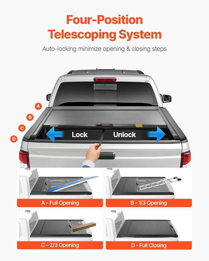 VEVOR Retractable Tonneau Cover, 5.5 ft Hard Retractable Tonneau Cover with Built-in Drainage Pipe for 2021-2024 Ford F-150 Crew Cab, Customized Design with Double-Lock & T-Slot