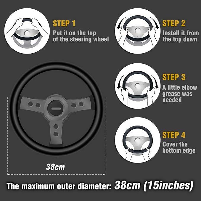 ZHOL Car Steering Wheel Cover, Universal 15 inch Breathable Microfiber Leather Steering Wheel Protector, Anti Slip Car Interior Accessories, Black&Silver