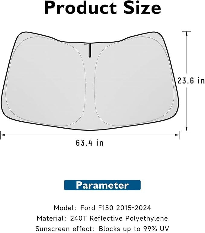 BIBLOZ Car Windshield Sun Shade for Ford F150 2015-2025 2026, Lariat, Tremor, King Ranch, Platinum, Raptor, XL, XLT Accessories Foldable Sunshade PET Reflective Material Blocks UV Rays Front Visor