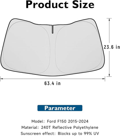 BIBLOZ Car Windshield Sun Shade for Ford F150 2015-2025 2026, Lariat, Tremor, King Ranch, Platinum, Raptor, XL, XLT Accessories Foldable Sunshade PET Reflective Material Blocks UV Rays Front Visor