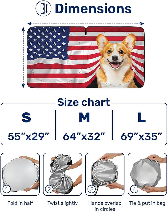 GENANY Corgi Flag Windshield Sun Shade for Car SUV Truck (64x32 Inches), Automobile Sunshade, Protector Blocks UV, Car Decor