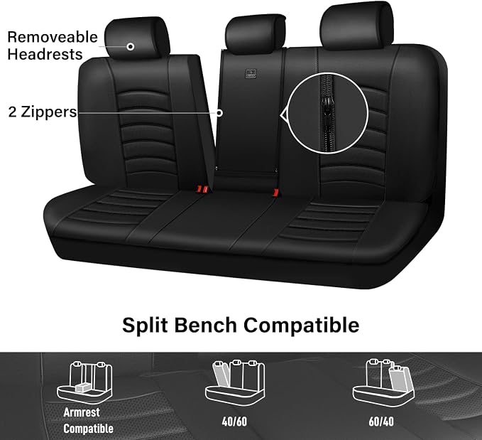 CAR PASS Leather Back Seat Cover, Universal Waterproof Bench Rear Seat Cover Zipper Split Rear Bench Protector Fit 95% Automotive Interior Covers for Cars Sedans SUVs (Rear,All Black)
