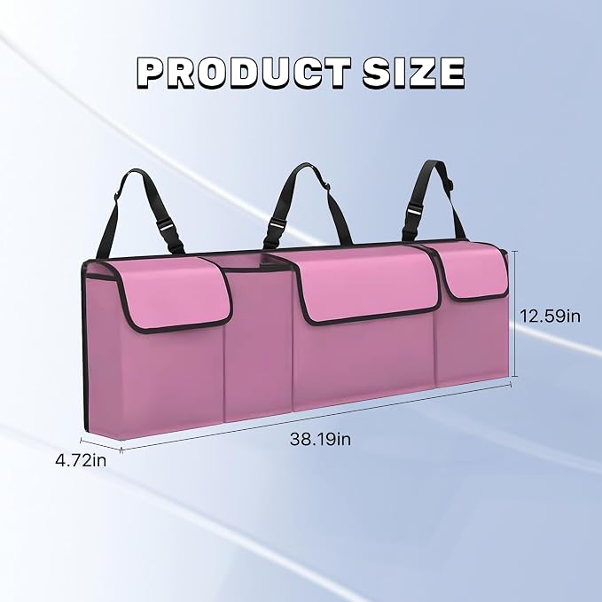 Car Trunk Organizer, Waterproof Backseat Hanging Large Storage with Adjustable Straps, Collapsible Cargo Bag with 4 Pockets, Car Interior Accessories for Truck, SUV, MPV (Pink)