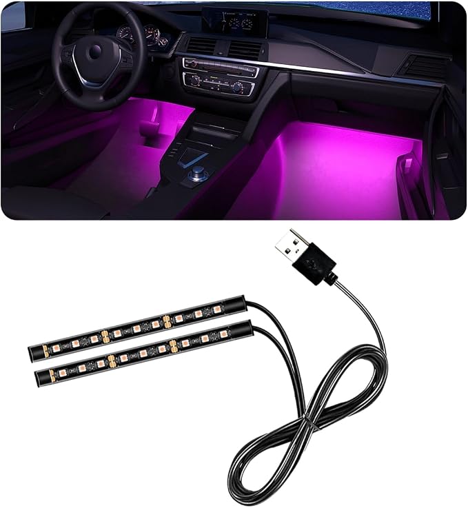 povtii Car LED Strip Light, 24 LED RGB Auto Under Dash Interior Atmosphere Lights, USB Vehicle Decorative Lamp Ambient Night Light Strip, Lighting Kit Car Accessories (Pink Purple)