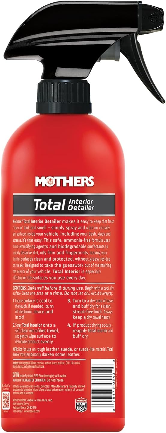 Mothers Total Interior Detailer, 24 oz. — Cleans & Protects Dash, Glass, Screens & More, Safe Ammonia-Free Formula Removes Dirt, Oily Film & Fingerprints Without Streaks or Residue (05434)