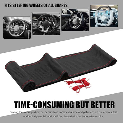 Wevdn Genuine Leather Steering Wheel Cover, Stitch on Wrap, DIY Sewing Steering Wheel Protector, 15 Inch Breathable Non-Slip Steering Wheel Protector, Car Accessories (Black & Red, Middle Hole)