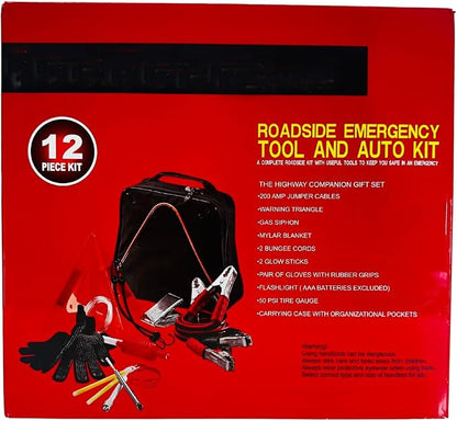 12-Piece Roadside Emergency Tool and Auto Kit with Jumper Cables, Warning Triangle, Gas Siphon, Mylar Blanket, Bungee Cords, Glow Sticks, Gloves, Flashlight, Tire Gauge, Carrying Case