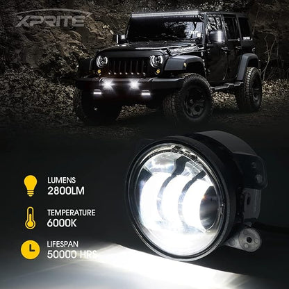 Xprite 4-Inch LED Fog Lights 60W High-Intensity Off-Road Fog Lamp for Driving, DOT Approved Replacement Compatible with 2007-2018 Jeep Wrangler JK JKU
