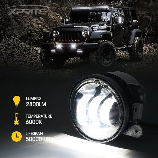 Xprite 4-Inch LED Fog Lights 60W High-Intensity Off-Road Fog Lamp for Driving, DOT Approved Replacement Compatible with 2007-2018 Jeep Wrangler JK JKU