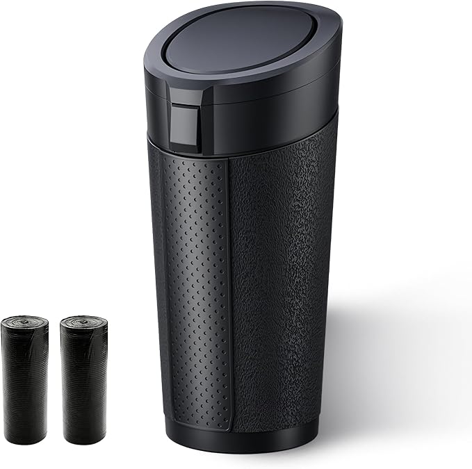 Car Trash Can Cup Holder with 2 Garbage Bags, Leakproof Silent Mini Trash Can with Lid for Car, Press & Pop, Small Automotive Garbage Bin for SUV, Truck, Office, Home, Bedroom