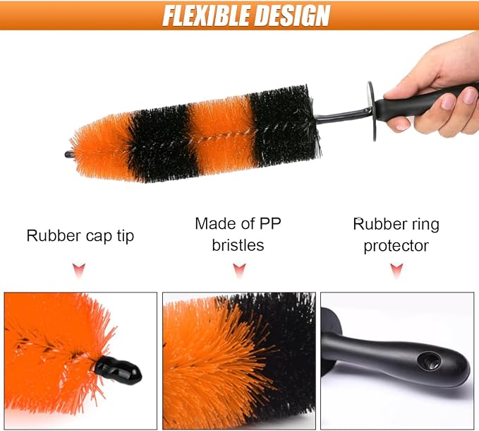 Master Car Wheel Brush, 16" Long Soft Bristle Car Wheel Rim Cleaner Brush, Easy Reach Wheel and Rim Detailing Brush, Car Washing Brush Tire Detail Brush for Wheel Rim Exhaust Tips (Orange & Black)