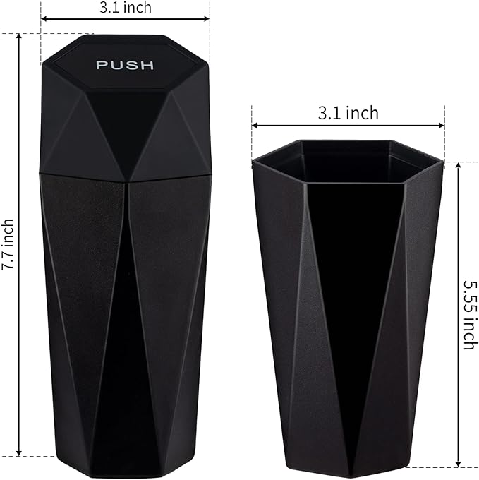JUSTTOP Car Trash Can with Lid, Diamond Design Small Automatic Portable Trash Can, Easy to Clean, Used in Car Home Office Interior Accessories, 2PCS (Black)
