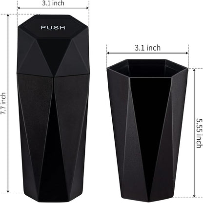 JUSTTOP Car Trash Can with Lid, Diamond Design Small Automatic Portable Trash Can, Easy to Clean, Used in Car Home Office Interior Accessories, 2PCS (Black)