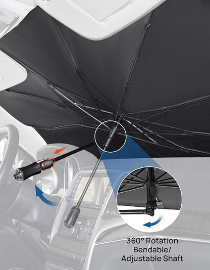 JOYTUTUS Windshield Sun Shade Umbrella, Fit for Ford 2015-2025 F150 F250 F350, Front Window Sun Shade with 360° Rotation Bendable Shaft, Titanium Silver Coating for UV Block, with Car Safety Hammer