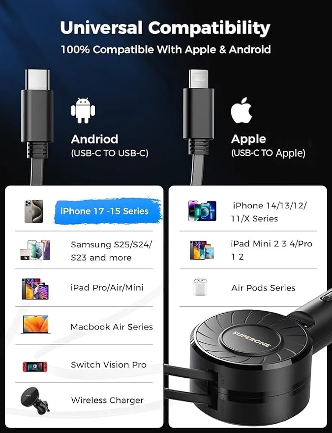 SUPERONE Retractable Car Charger, Small iPhone Car Charger Fast Charging, Car Phone Charger with USB C and Apple Cord, Car Charger Adapter Compatible with iPhone 17/16/15/14/13 Samsung Galaxy and More